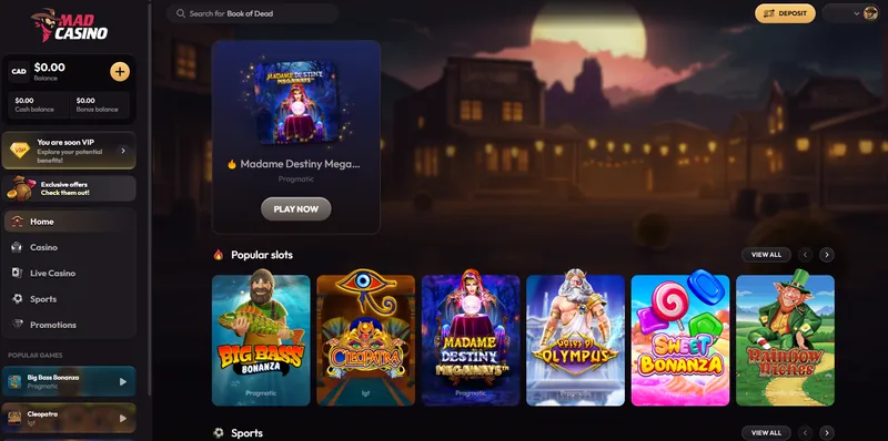 Madcasino homepage screenshot