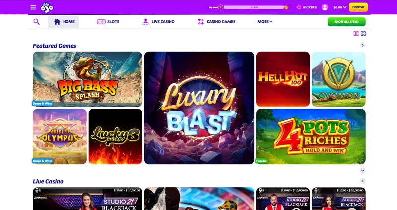 PlayOjo casino homepage screenshot